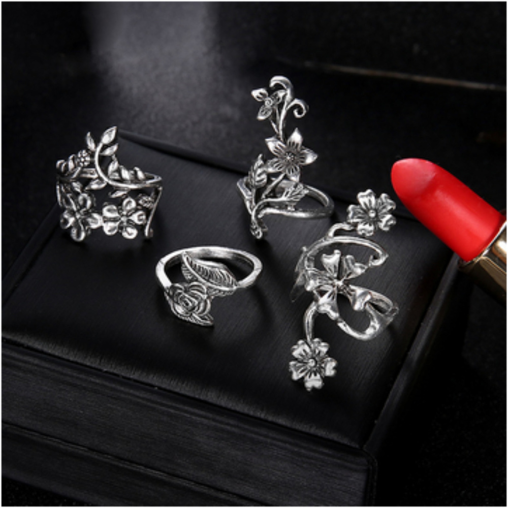 🍒 NATURE 💐 Silver 4 Piece Ring Set - Picture 2 of 4